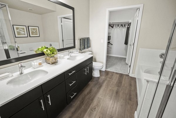 Modern bathroom featuring sleek fixtures and elegant design at 2785 Speer Apartments in Denver
