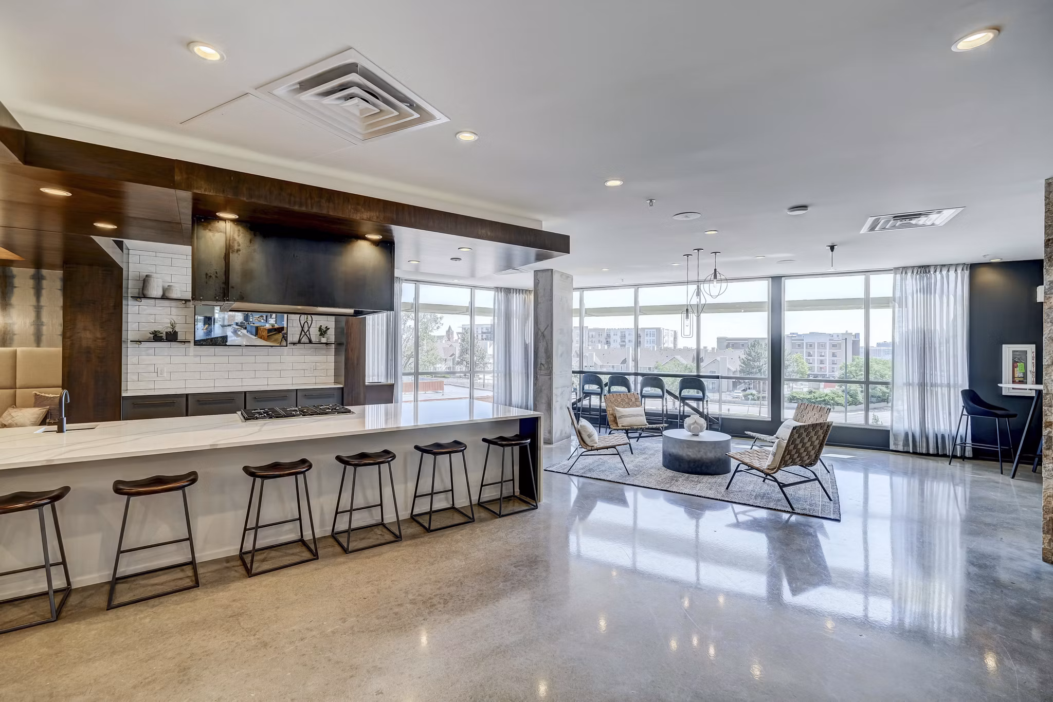Clubhouse with modern design and comfortable seating at 2785 Speer Apartments in Denver