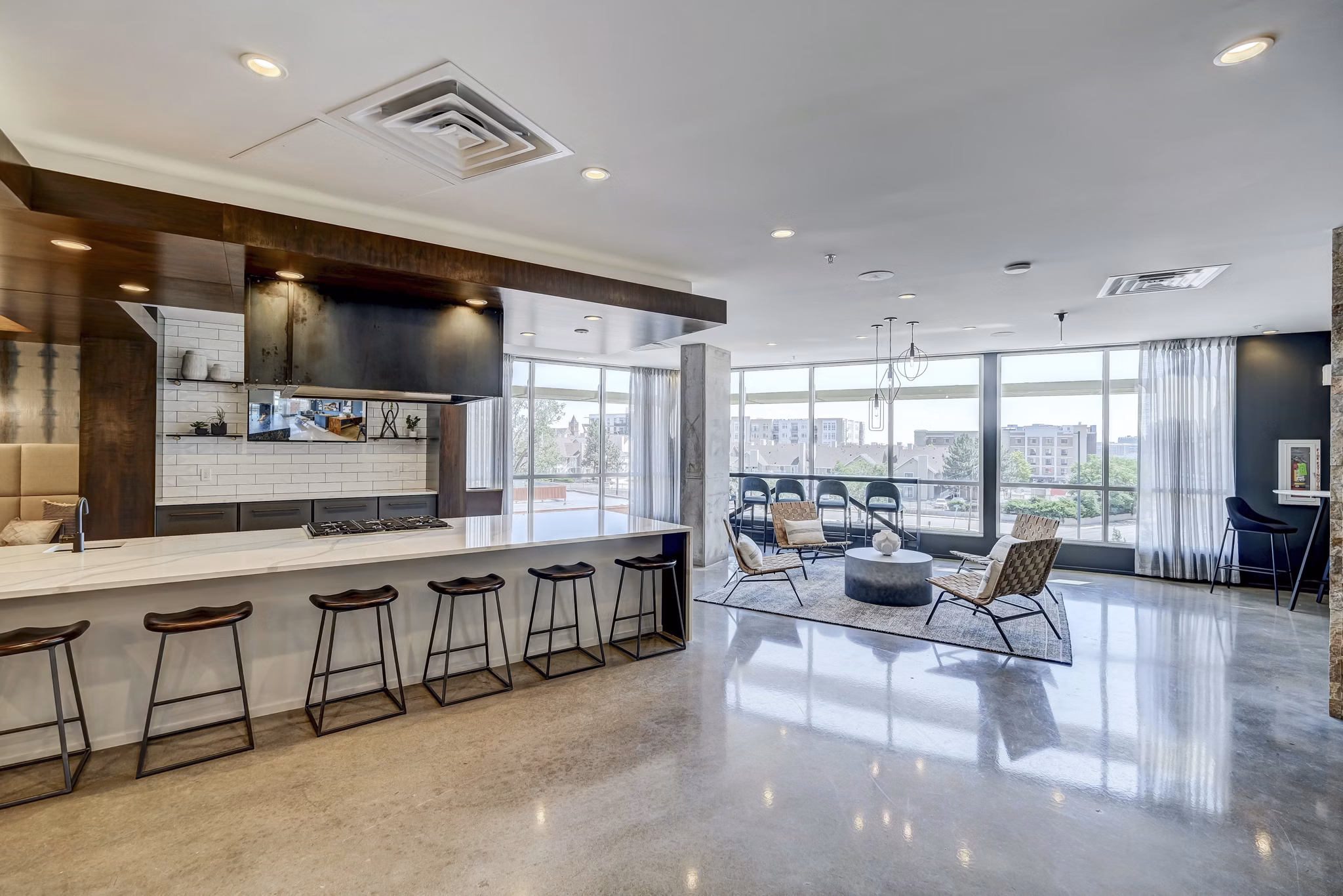 Clubhouse with modern design and comfortable seating at 2785 Speer Apartments in Denver