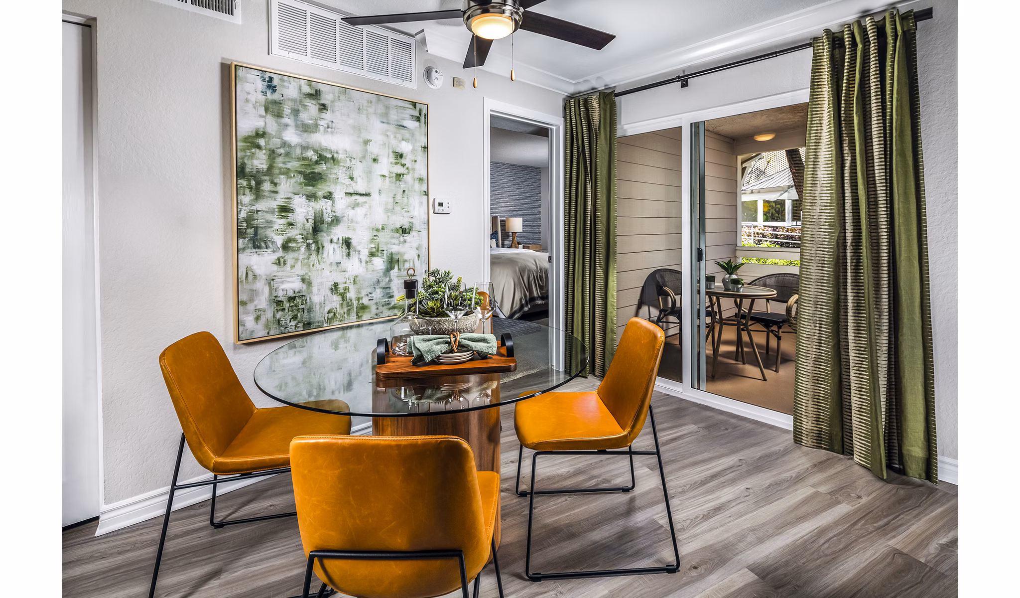Elegant dining room with contemporary furnishings at Artisan Laguna Beach Apartments, highlighting coastal living