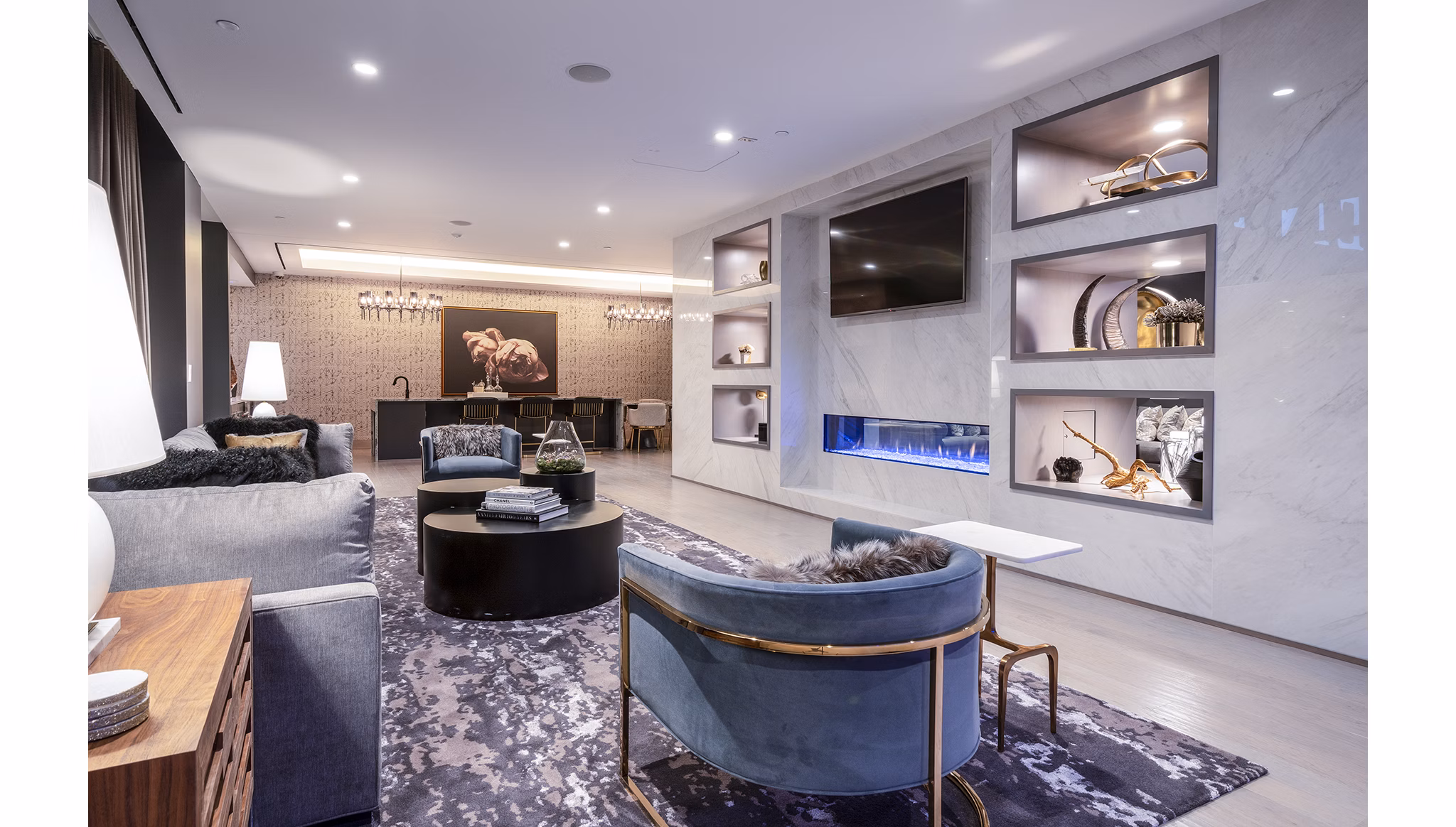 Clubhouse featuring modern design and luxury seating at Ascent Midtown Apartments