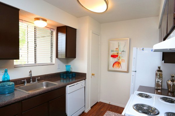 Modern kitchen with stainless steel appliances at Lake Vue Apartments, luxury living spaces