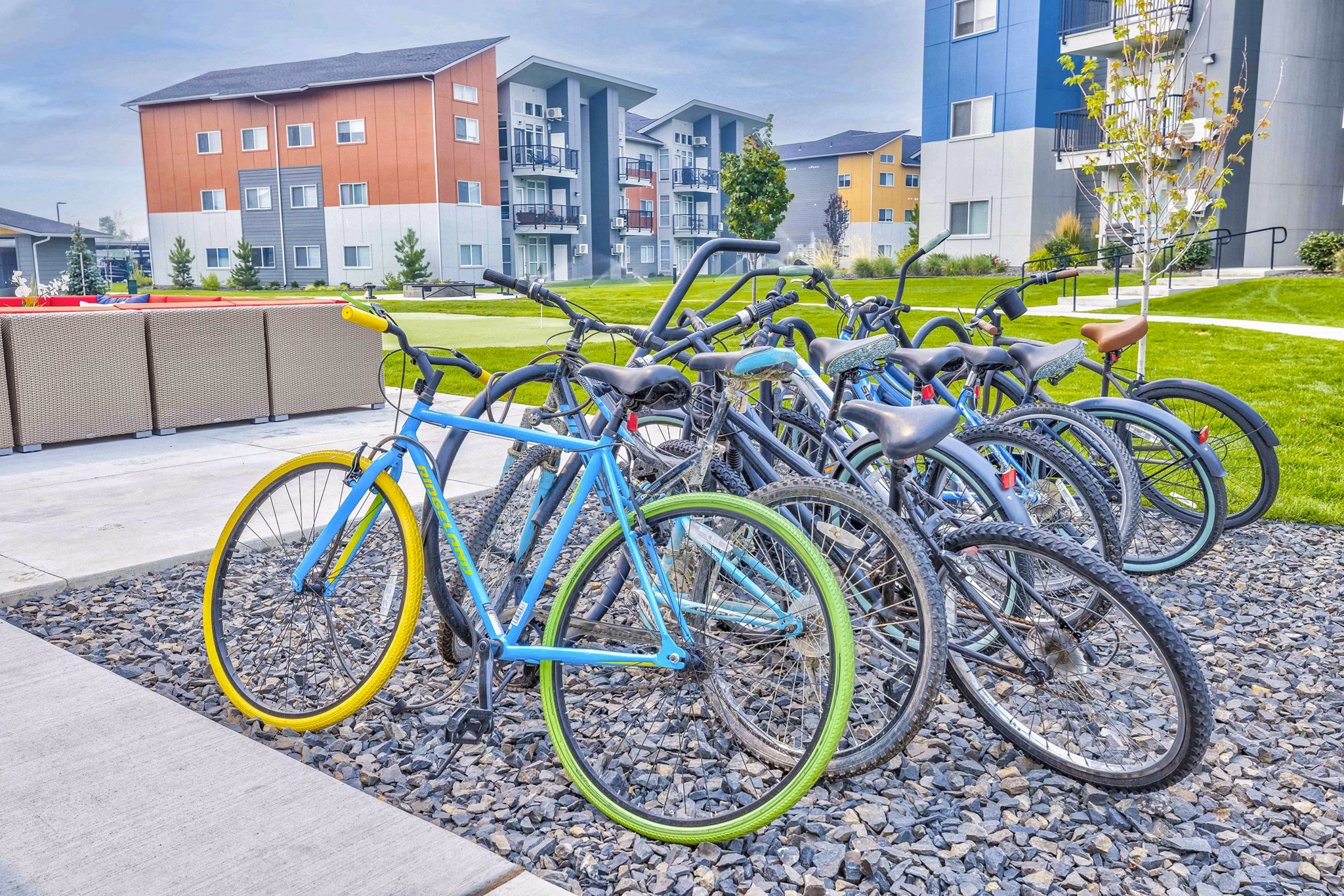 Bike storage facility at The Northern at Coeur d'Alene Place Apartments featuring secure racks and ample space for residents