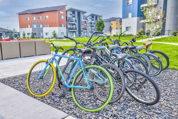 Bike storage facility at The Northern at Coeur d'Alene Place Apartments featuring secure racks and ample space for residents