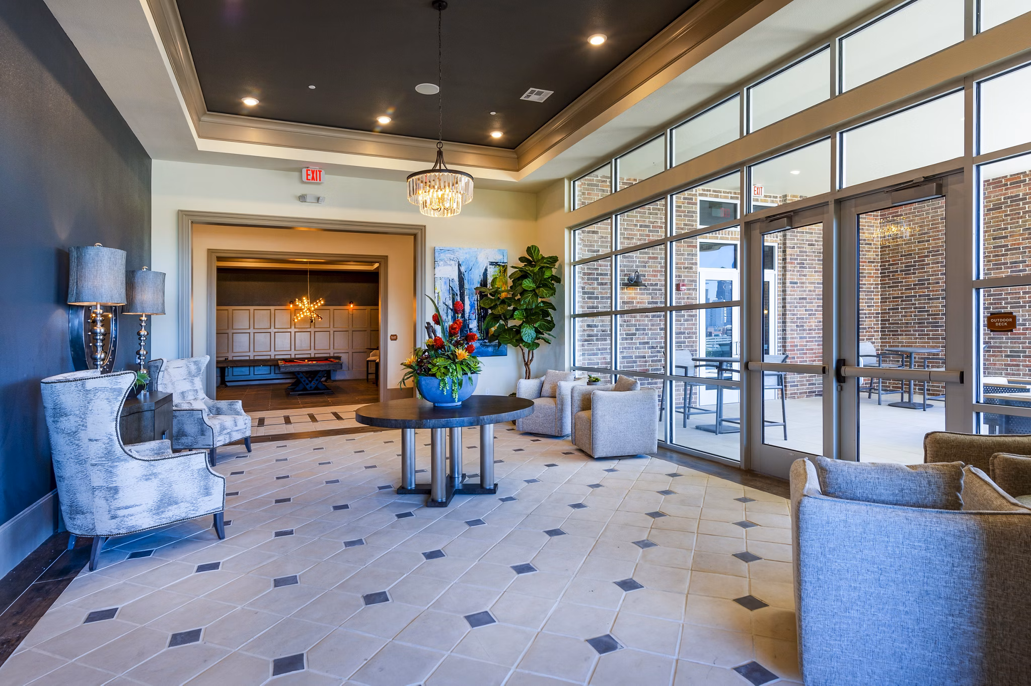 Clubhouse featuring modern design and entertainment areas at Hardy Yards Apartment Homes