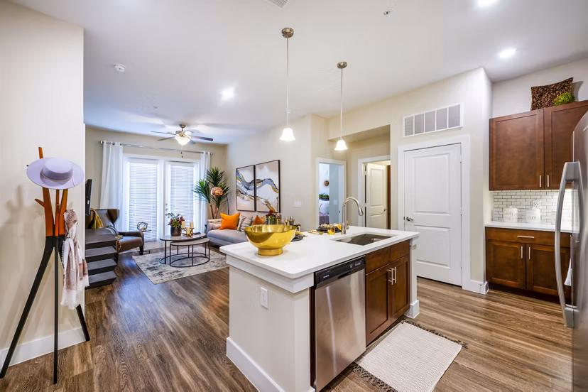 Modern kitchen with stainless steel appliances at Hardy Yards Apartment Homes