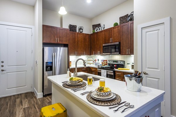 Modern kitchen with sleek countertops and stainless steel appliances in Hardy Yards Apartment Homes
