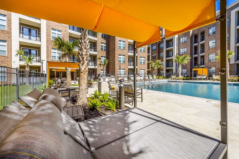 Rooftop pool with city views at Hardy Yards Apartment Homes