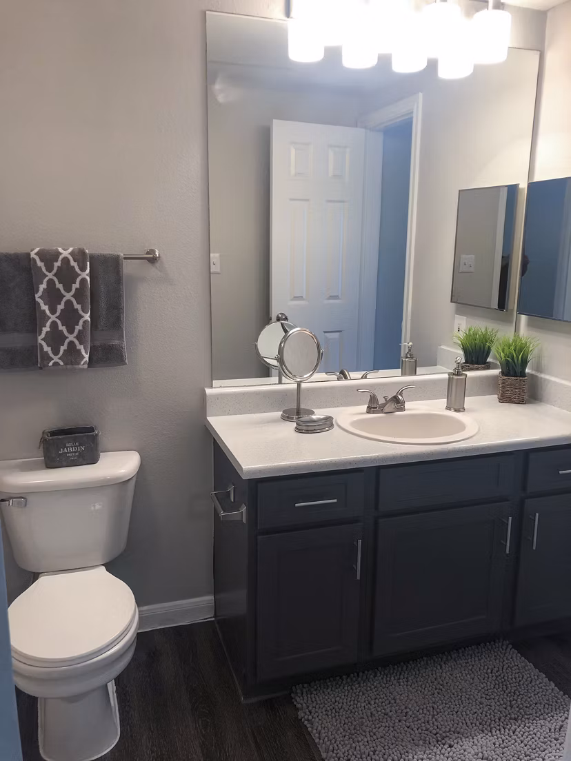 Modern bathroom with sleek fixtures in Breakers at Windmill Lakes Apartments, showcasing elegance and functionality