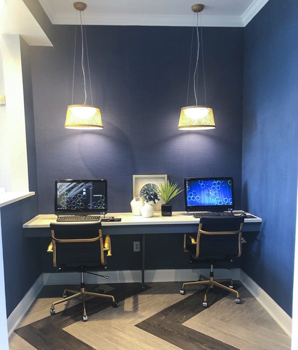 Business center with modern workstations at Breakers at Windmill Lakes Apartments, ideal for remote work and meetings