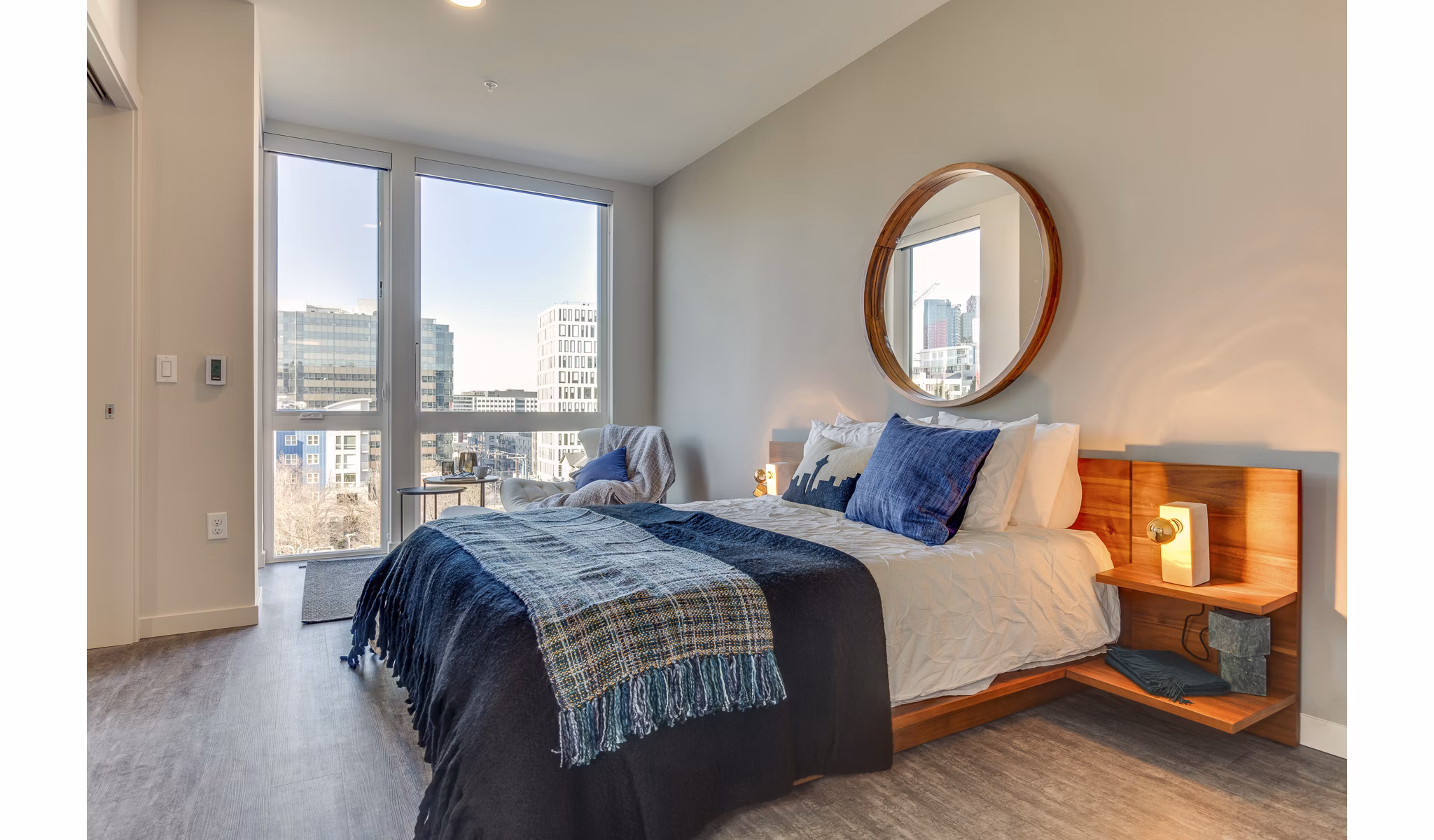 Spacious bedroom with minimalist decor at Sitka Apartments, Greystar luxury apartments in Seattle