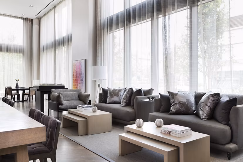 Clubhouse featuring modern design and comfortable seating at Grey House Apartments, perfect for resident gatherings and events