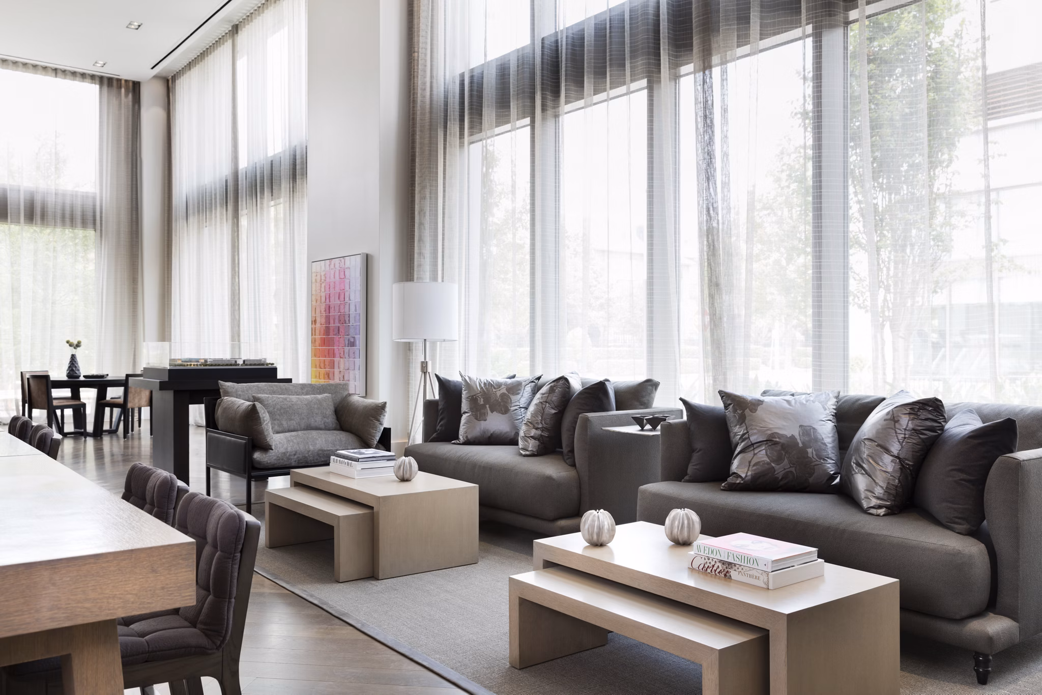 Clubhouse featuring modern design and comfortable seating at Grey House Apartments, perfect for resident gatherings and events