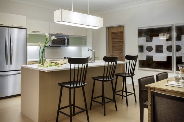 Modern kitchen with stainless steel appliances in Grey House Apartments