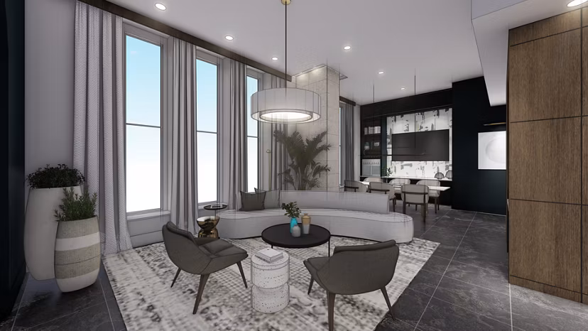 Stylish living room with modern furniture at The Residence at SouthPark Apartments