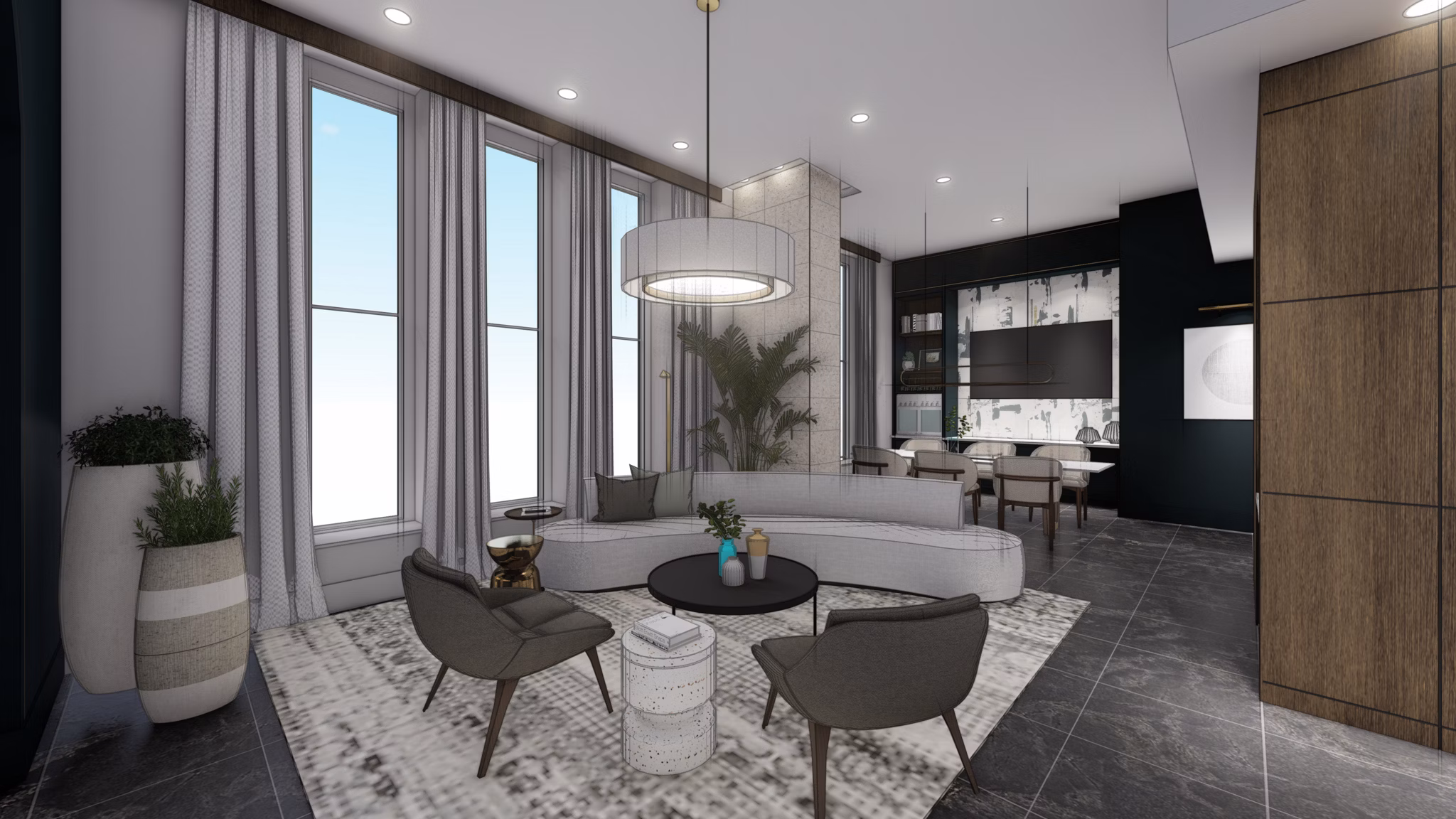 Stylish living room with modern furniture at The Residence at SouthPark Apartments