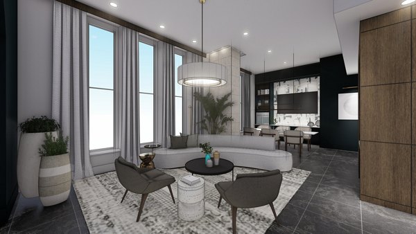 Stylish living room with modern furniture at The Residence at SouthPark Apartments