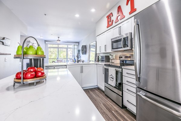 Contemporary kitchen with stainless steel appliances in Avignon Townhomes Apartments