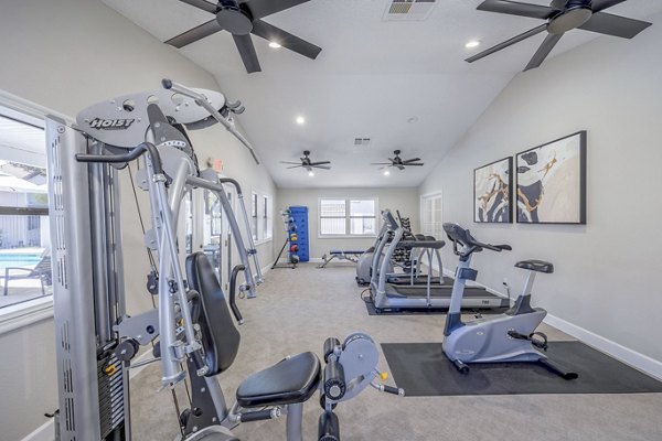 Fully-equipped fitness center at 5400 Vistas Apartments offering modern exercise machines and open workout spaces