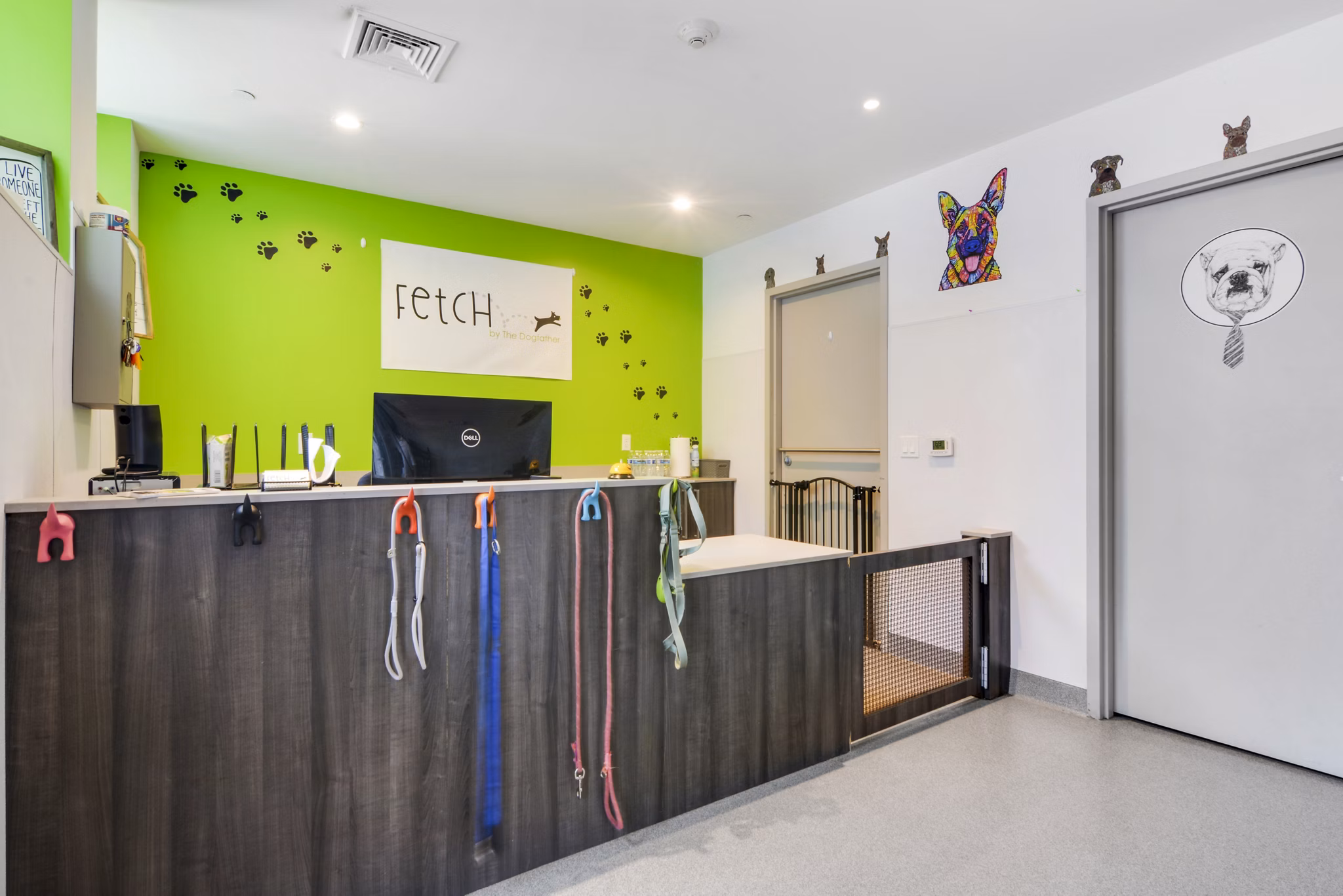 Modern dog park reception area at One Beachmont Apartments, featuring seating and greenery for luxury living