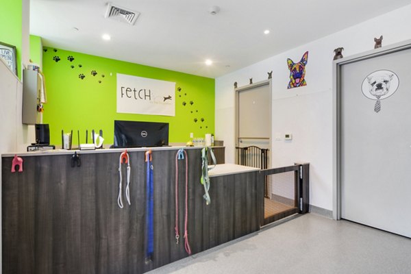 Modern dog park reception area at One Beachmont Apartments, featuring seating and greenery for luxury living