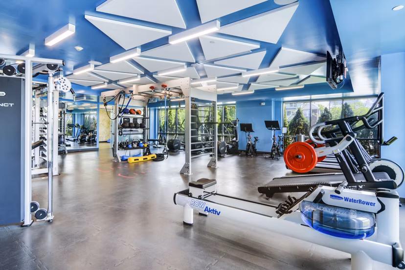 State-of-the-art fitness center with modern equipment at One Beachmont Apartments in Revere