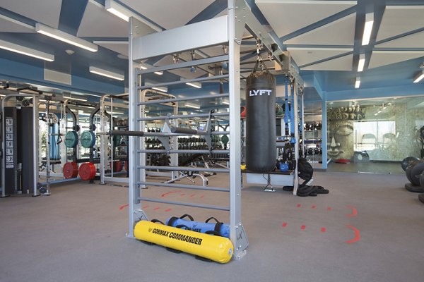 Fitness center with modern equipment at One Beachmont Apartments