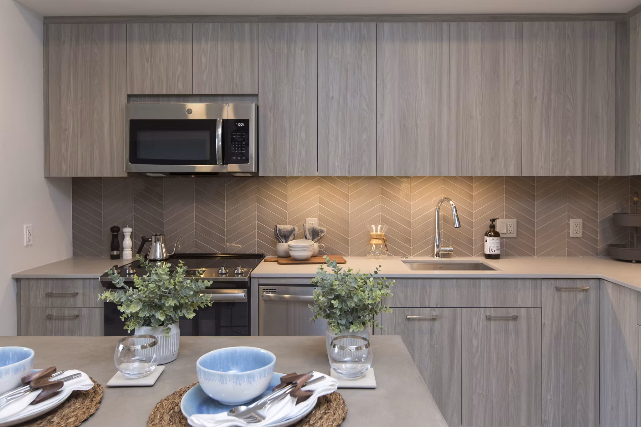 Modern kitchen featuring stainless steel appliances in One Beachmont Apartments