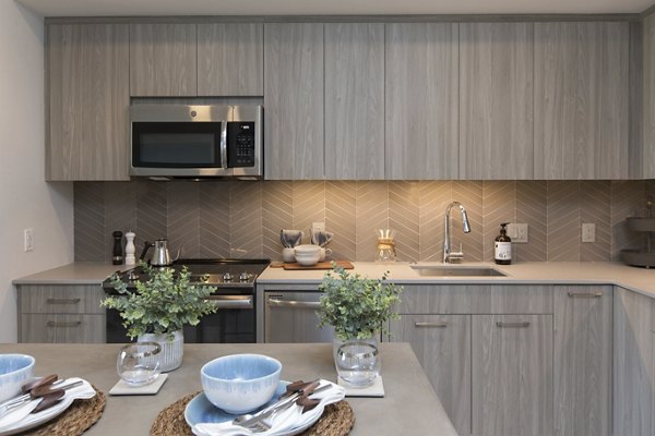 Modern kitchen featuring stainless steel appliances in One Beachmont Apartments