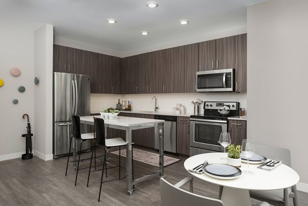 Contemporary kitchen with stainless steel appliances at The Andi Apartments, Boston's luxury living destination