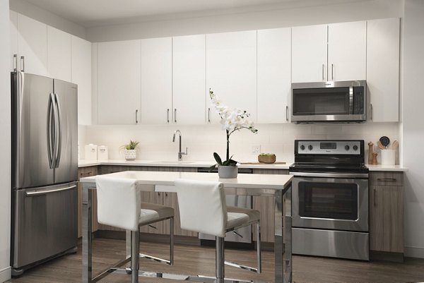 Modern kitchen with stainless steel appliances at The Andi Apartments