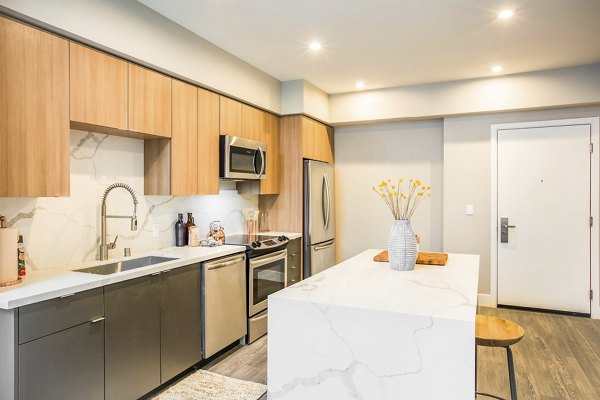 Kitchen featuring sleek countertops and modern cabinetry in Fourth Street East Apartments