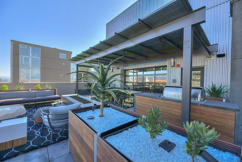 Rooftop deck offering bay views at Fourth Street East Apartments, a luxury Greystar community in Oakland