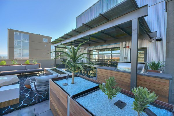 Rooftop deck offering bay views at Fourth Street East Apartments, a luxury Greystar community in Oakland