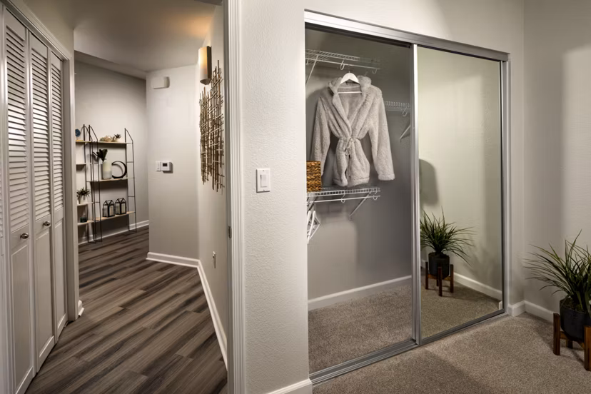 Spacious closet with modern shelving in The District Apartments, luxury living in urban setting