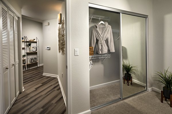 Spacious closet with modern shelving in The District Apartments, luxury living in urban setting