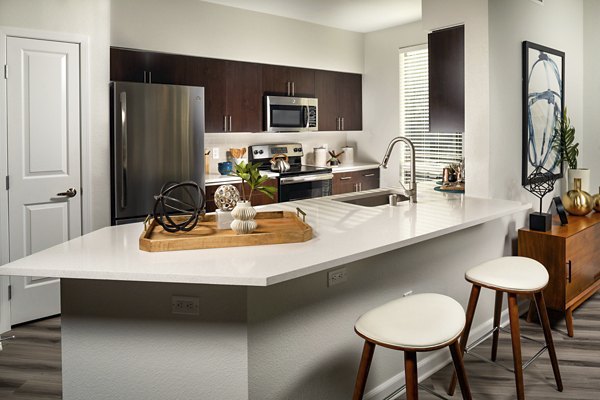 Kitchen showcasing sleek countertops and stainless steel appliances at The District Apartments