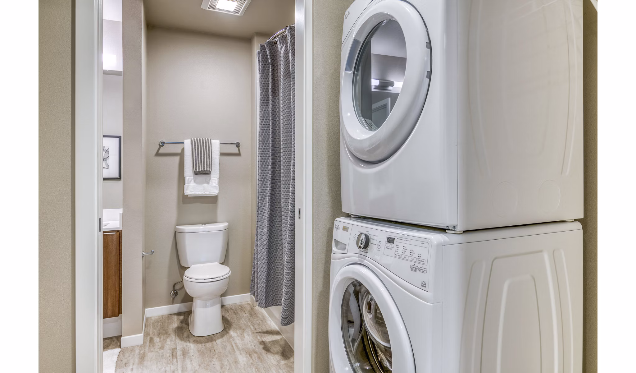 laundry and bathroom at Orion Apartments