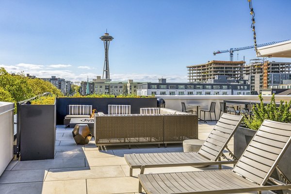 Luxurious rooftop lounge with city skyline views at Orion Apartments