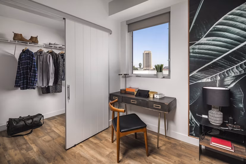 Spacious closet in a modern bedroom at LA Plaza Village Apartments