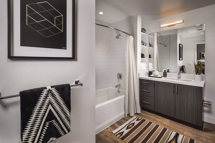 Modern bathroom with sleek fixtures at LA Plaza Village Apartments