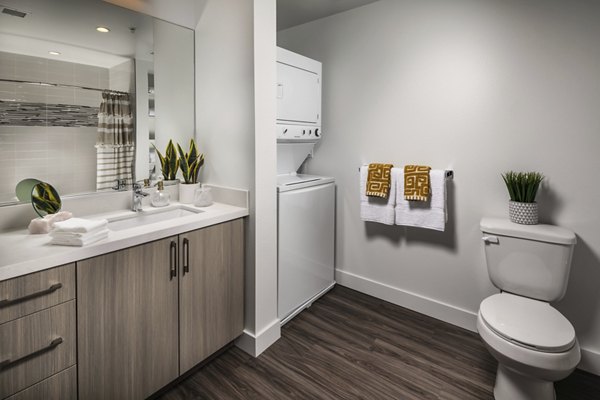 Modern bathroom with sleek fixtures at LA Plaza Village Apartments offering luxurious living spaces