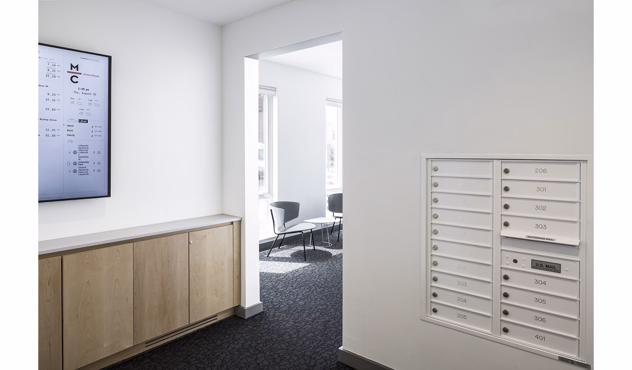 Mail room and parcel pickup area at Union House Apartments with secure package lockers