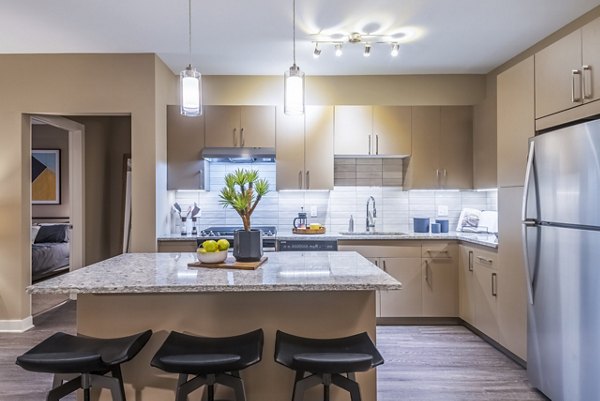 Modern kitchen with granite countertops and stainless steel appliances in Elan Yorktown Apartments