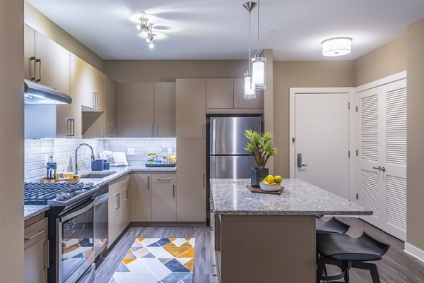 Modern kitchen with stainless steel appliances at Elan Yorktown Apartments luxury living