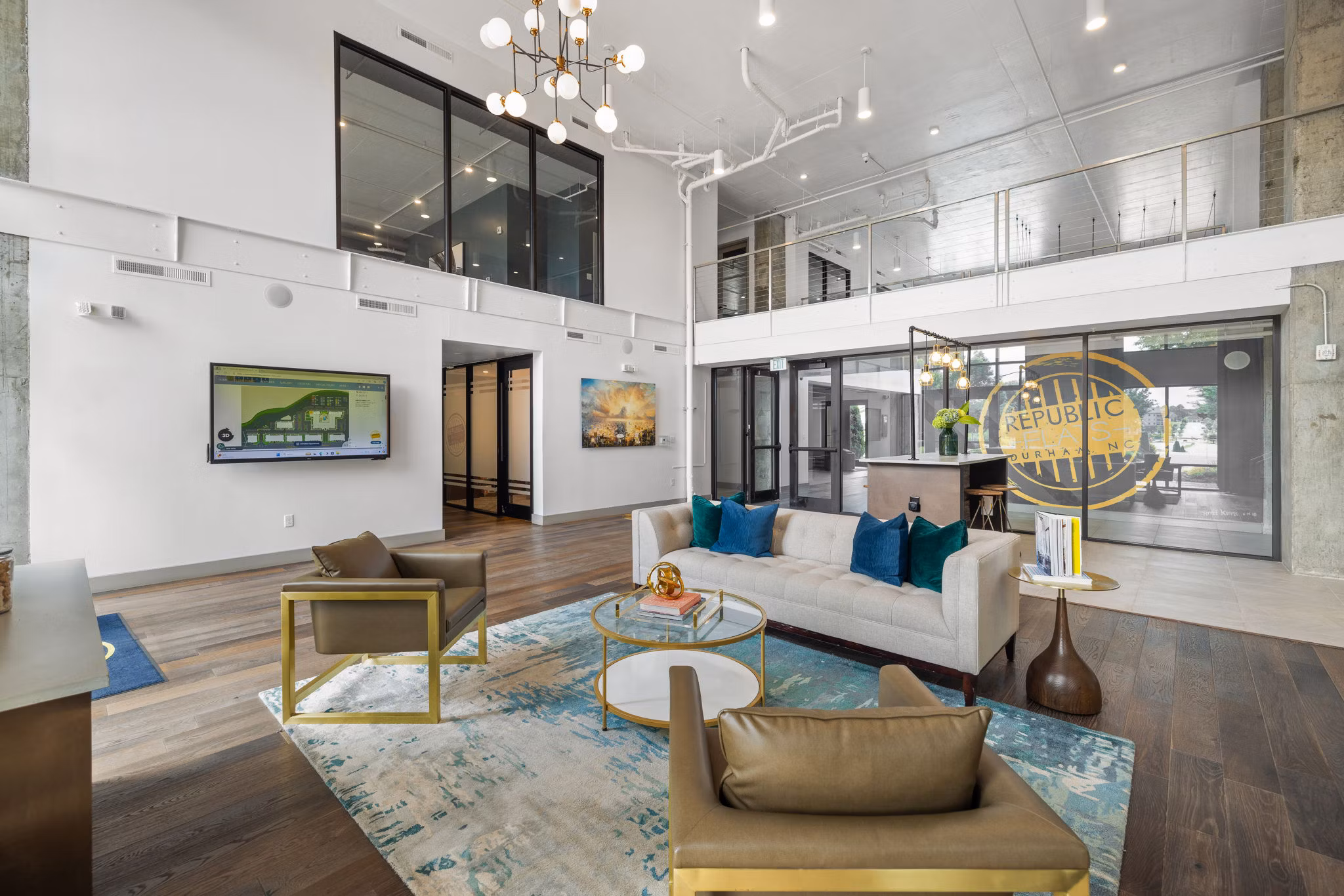 Modern clubhouse at Republic Flats Apartments featuring luxurious seating and contemporary decor