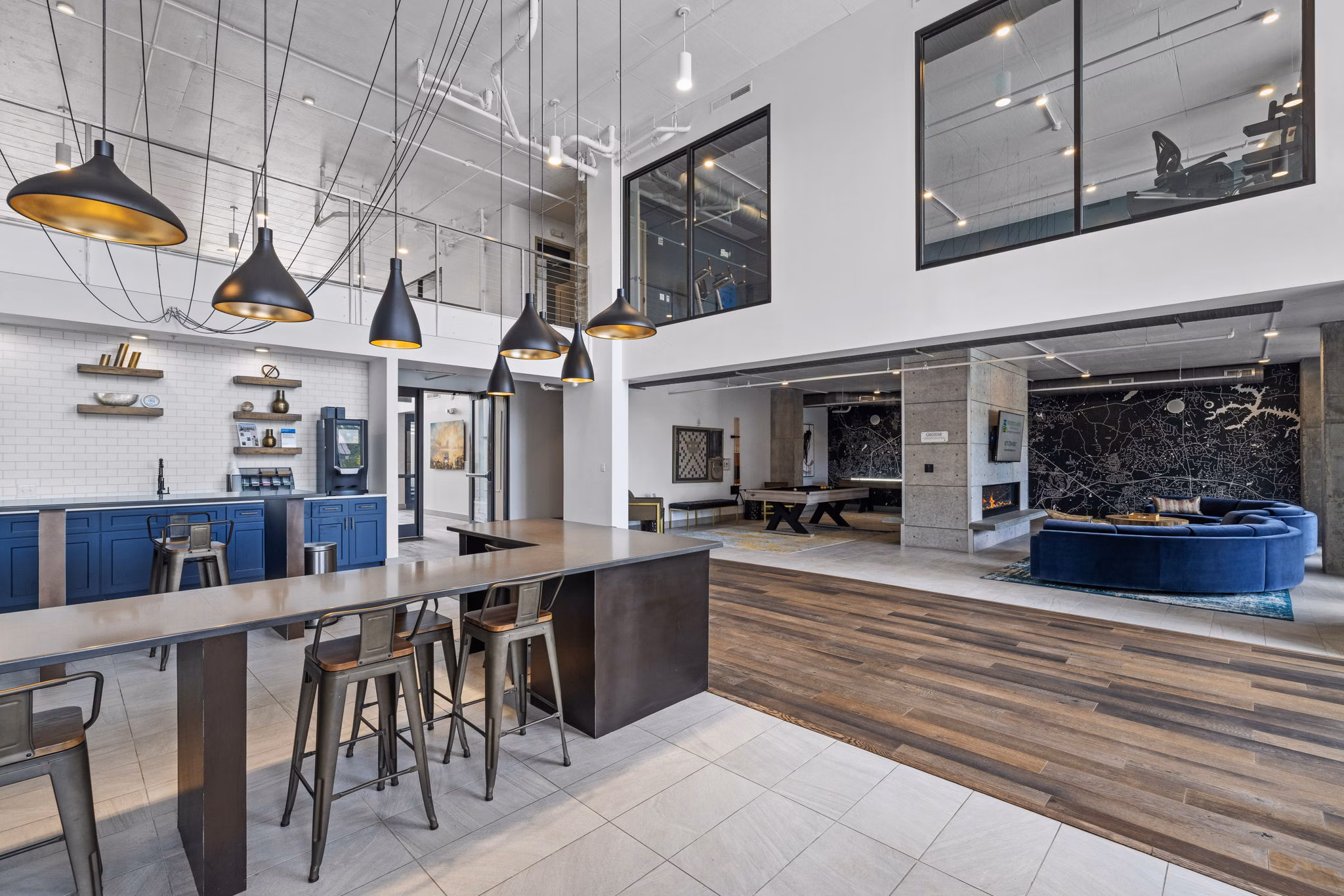 Modern clubhouse with chic design at Republic Flats Apartments, ideal for social gatherings and events in a luxury community setting