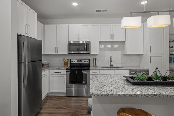 Modern kitchen featuring stainless steel appliances and quartz countertops in Republic Flats Apartments