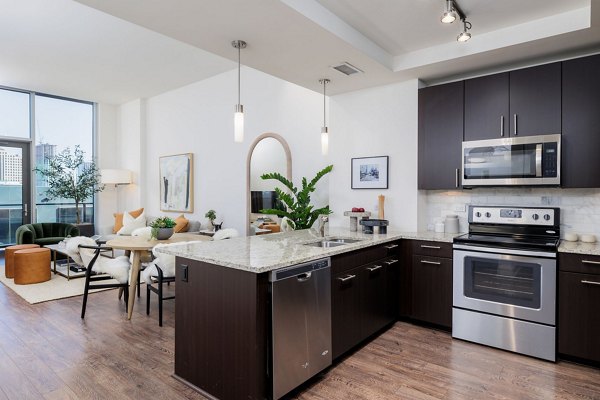 Modern kitchen with stainless steel appliances and granite countertops in Northshore Apartments' luxury residency