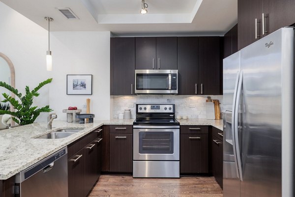 Modern kitchen with sleek countertops and stainless steel appliances in Northshore Apartments, luxury living in a coastal setting